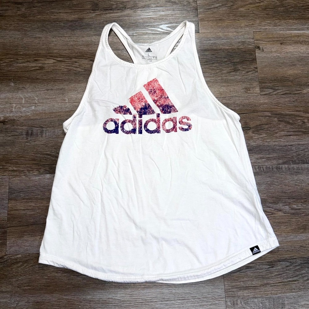 Adidas Tank Top Womens Large White Graphic Logo Racerback Activewear Casual